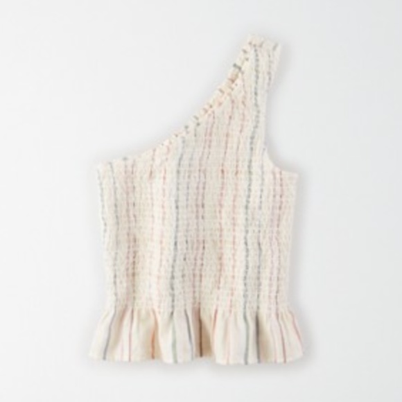 American Eagle AE Smocked One Shoulder Top in Cream - Picture 3 of 7